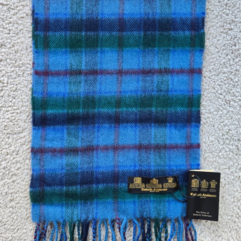 NWT Kinloch Anderson Blue Plaid Wool Fringe Scarf - Picture 2 of 7